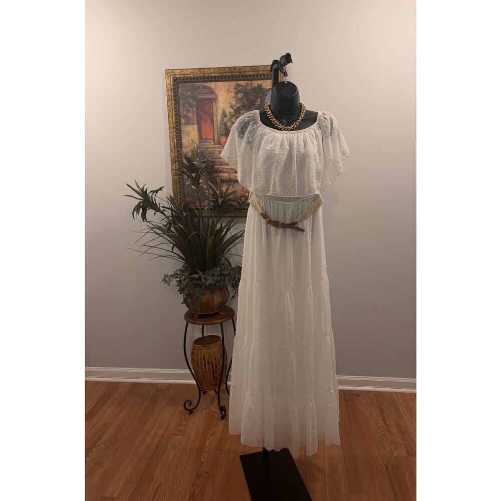 Women's Bright Maid‎ Dress M White Swiss Polka Dots Ruffle Trim Pleated 2 Tiers